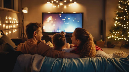 The family gathers in a dark room, sharing the fun and entertainment of watching a television program on a couch. AIG41の素材