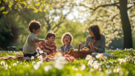 A happy family enjoys leisure and recreation in natures beautiful landscape, surrounded by trees, flowers, and plants in the park. AIG41の素材