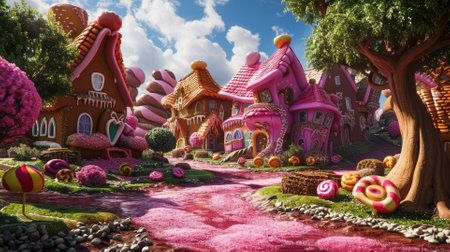A whimsical and colorful candy village with houses made of confectionery delights and a river flowing with liquid sweetness. Resplendent.の素材