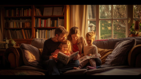 A cozy family moment unfolds as parents and their child enjoy reading books together under the warm glow of a lamp. AIG41の素材