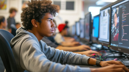 Focused students work on computers in a technology class, coding and developing software as part of their education. AIG41の素材