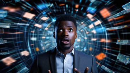 Business person overloaded by stress from business data and information that come from work, technology, social media and marketing business strategy received by a corporate employeeの素材