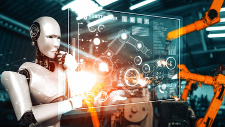 XAI Mechanized industry robot and robotic arms for assembly in factory production. Concept of...