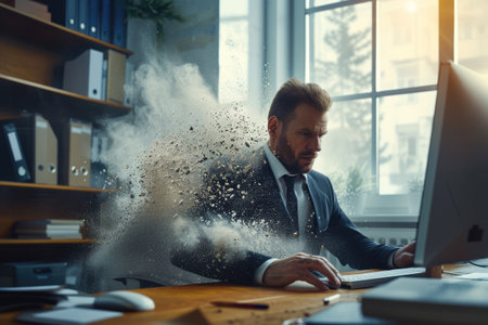 Technology disruption and job replacement concept caused by harmful technological transformation affecting the economic and workforce demands. A man profession is obsolete. AIG41の素材