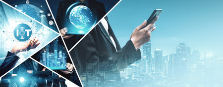 Communication technology , smart connection IOT and people network technology concept. People using connective device to connect to the secured internet network and cloud computing server vexelの写真素材