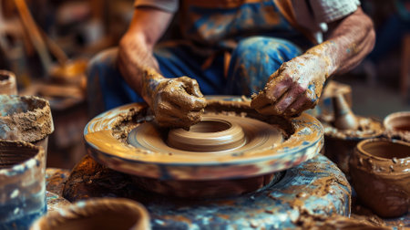 Close-up of an artisans hands skillfully shaping wet clay on a spinning pottery wheel, surrounded by tools and unfinished pieces. Resplendent.の素材
