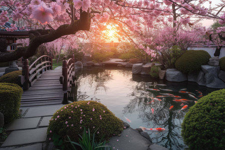 A serene Zen garden at sunrise, with a gently flowing stream, cherry blossoms in full bloom, and a quaint wooden bridge. Resplendent.の素材