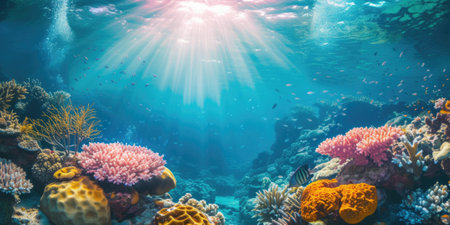 An underwater coral reef scene, diverse marine life, vivid colors, showcasing the beauty and diversity of ocean life. Underwater photography, coral reef ecosystem, diverse marine life,. Resplendent.の素材