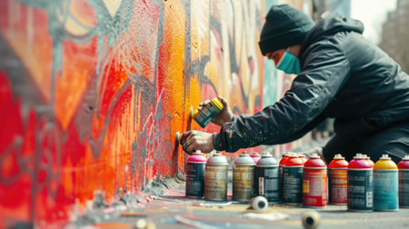 A man leisurely creates art on a wall with spray paint, using vibrant electric blue and magenta to form a captivating pattern. AIG41の素材