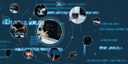 Computer programming, coding and AI artificial intelligence software development engaged by skilled...