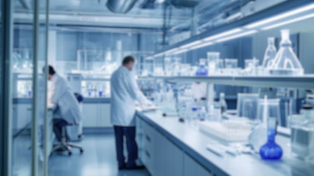 A blurred photograph capturing the bustling activity of scientists in lab coats conducting research in a modern, well-equipped laboratory. Resplendent.の写真素材
