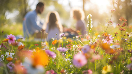 A happy family gathered in a natural landscape, enjoying a picnic amidst blooming flowers, lush grass, and under the warm sunlight. AIG41の素材