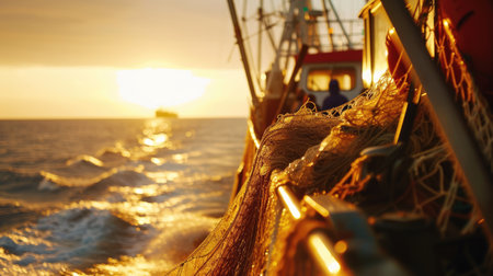 A group of fishermen enjoying the sunset while standing on a boat in the middle of the ocean, surrounded by water and the vast sky above. AIG41の素材