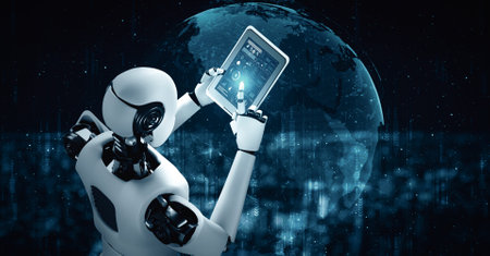 XAI 3d illustration Robot hominoid using tablet computer for global network connection using AI...