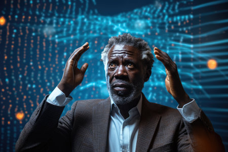 Tech analyst study cyber data chart from corporate system for statistical analytic defining marketing plan and strategy to compete in futuristic technology businessの素材