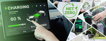EV electric car vehicle charging and sustainable LCA green energy technology presented in panoramic...