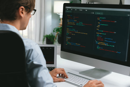 IT developer working online software development information on pc and laptop screen with typing to...
