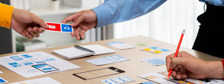 Panorama banner of startup company employee planning on user interface prototype for mobile...