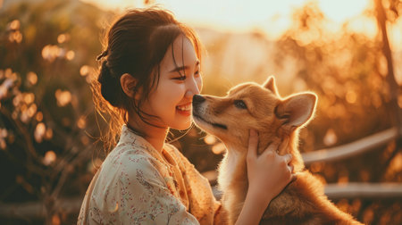 playful dog and its owner in nature outdoor , healthy lifestyle pragmaの素材