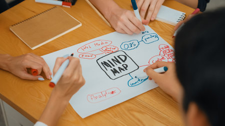 Close up of skilled business people hand brainstorming, working together, discussing about marketing...