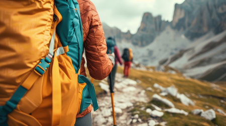 A bunch of backpackers are trekking up the majestic mountain, surrounded by the vast natural landscape, enjoying the sky, plants, and soil along the way. AIG41の素材
