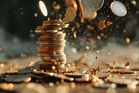 Economic downturn, debt crisis and market crash concept shown by shattering coins AIG41の素材