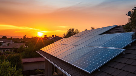 The sun sets behind a residential area equipped with solar panels, highlighting sustainable energy solutions in a suburban setting. AIG41の素材