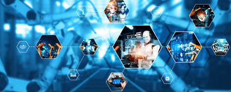 Automated AI industry robot and robotic arms assembly in factory production. Concept of artificial...