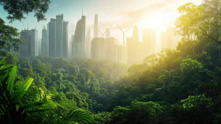 A futuristic cityscape blends with lush greenery, symbolizing sustainable urban living. AIG41の素材