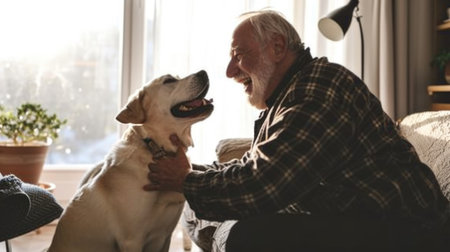 happy people at home with favorite pet , love and friendship of human and animal pragmaの素材