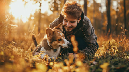 playful dog and its owner in nature outdoor , healthy lifestyle pragmaの素材