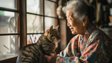 happy people at home with favorite pet , love and friendship of human and animal pragmaの素材