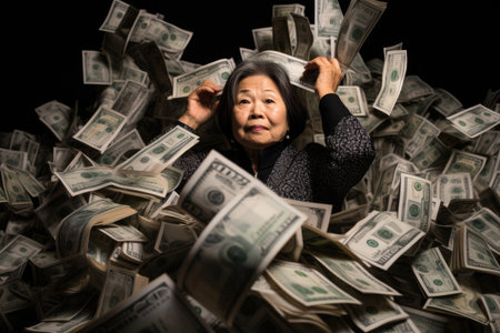 Billionaire on Huge Pile of Banknotes Rich and Prosperity Comelinessの素材