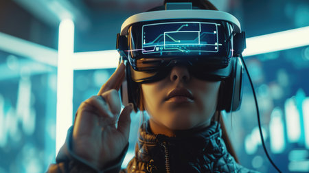 A woman dons a VR headset in a dimly lit room, immersing herself in a virtual reality experience for entertainment. AIG41の素材