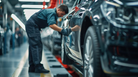 A man is busy working on a car in a factory, inspecting tires, wheels, and automotive lighting for the vehicles assembly. AIG41の素材