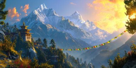 A serene temple adorned with colorful prayer flags stands against the backdrop of majestic snowy mountains illuminated by the sunrise. Resplendent.の素材