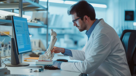A white-collar worker in a lab coat gestures while holding a knee joint model in front of a computer screen. AIG41の素材