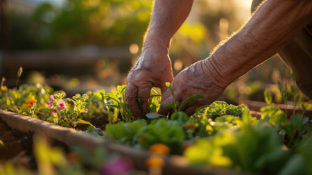 A group of people are collecting various plants such as flowers, grass, leaf vegetables, and shrubs in a garden. AIG41の素材