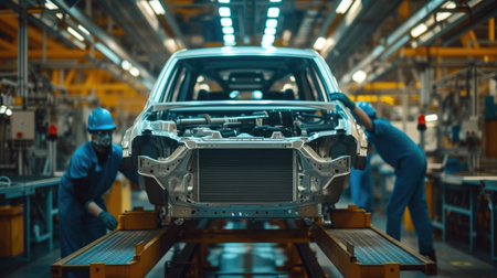 A man is seen works on a motor vehicle in a factory, focusing on the automotive tire, engine hood, and other auto parts. AIG41の素材