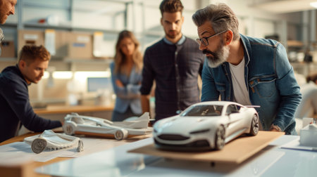 A team of individuals is collaborating on designing and assembling a model car, using components like tires, wheels, vehicle body parts, lights, and mirrors. AIG41の素材