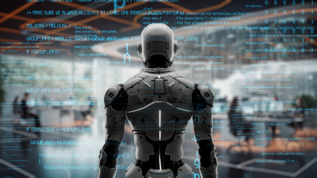 AI engineering in action. Artificial intelligence algorithm for marketing automation, tech analysis, solution communication, and prompt response. Code LISP program and machine learning 3d illustrationの写真素材