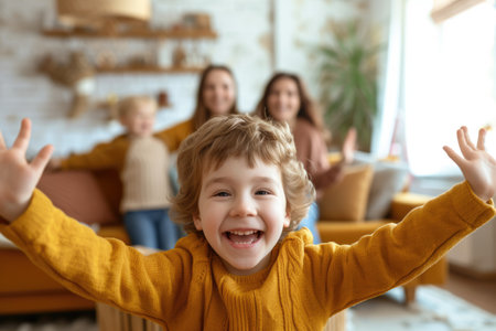 A cheerful young boy with curly hair presents a bright smile in the foreground, with his family relaxing on the couch behind him in a warm living room. AIG41の素材
