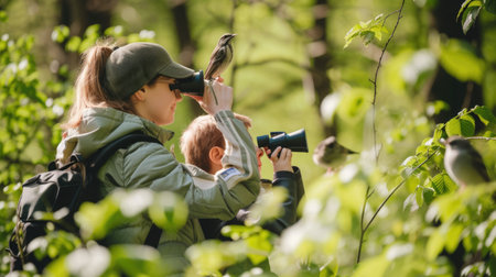 young explorers use binoculars to observe a colorful bird, immersed in the vibrant foliage of a dense forest. AIG41の素材