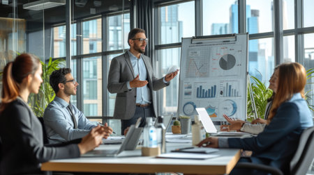 A group of business people is meeting in an office, sitting around a table in a room, sharing ideas and discussing plans. AIG41の素材