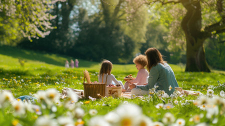 A happy family enjoys leisure and recreation in natures beautiful landscape, surrounded by trees, flowers, and plants in the park. AIG41の素材