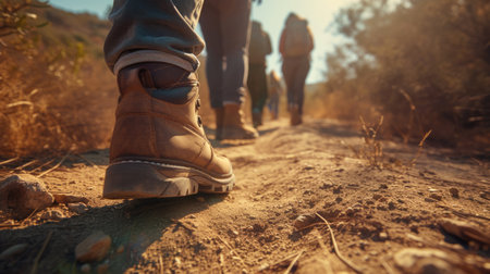 A person with hiking boots explores the natural landscape of a forest, walking along a woodland path. The vibrant electric blue sky complements the lush green scenery. AIG41の素材