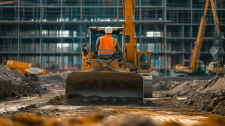 A man is operating a bulldozer at a construction site, shaping the soil for building a house in the city. AIG41の素材