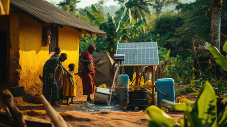 A woman stands in front of a quaint house in a village, surrounded by lush green grass and a serene landscape with trees and a clear sky above. AIG41の素材