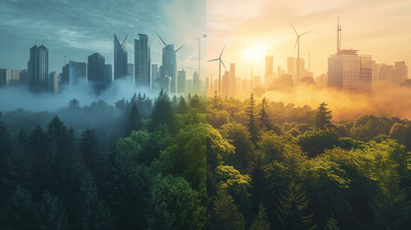 A futuristic cityscape blends with lush greenery, symbolizing sustainable urban living. AIG41の素材