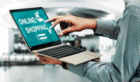 Online shopping and Internet Money Payment Transaction Technology. Modern graphic interface showing e-commerce retail store for customer to purchase product on website and pay by online transfer. udsの写真素材